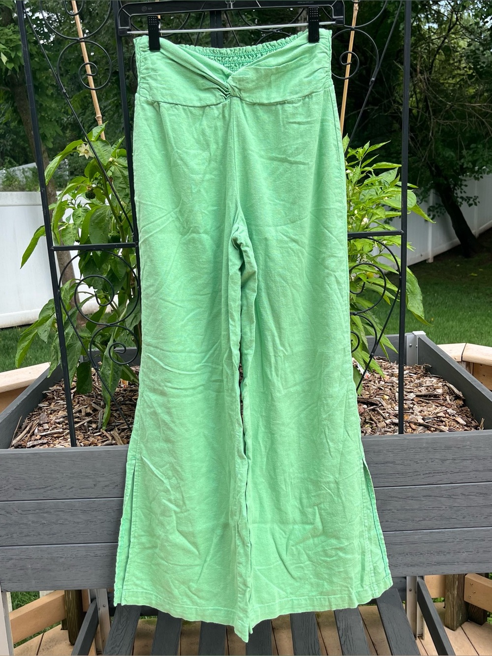 Banjara Women’s Green Wide Leg Linen Blend Pull On Beach Pants Sz S Boho Coastal